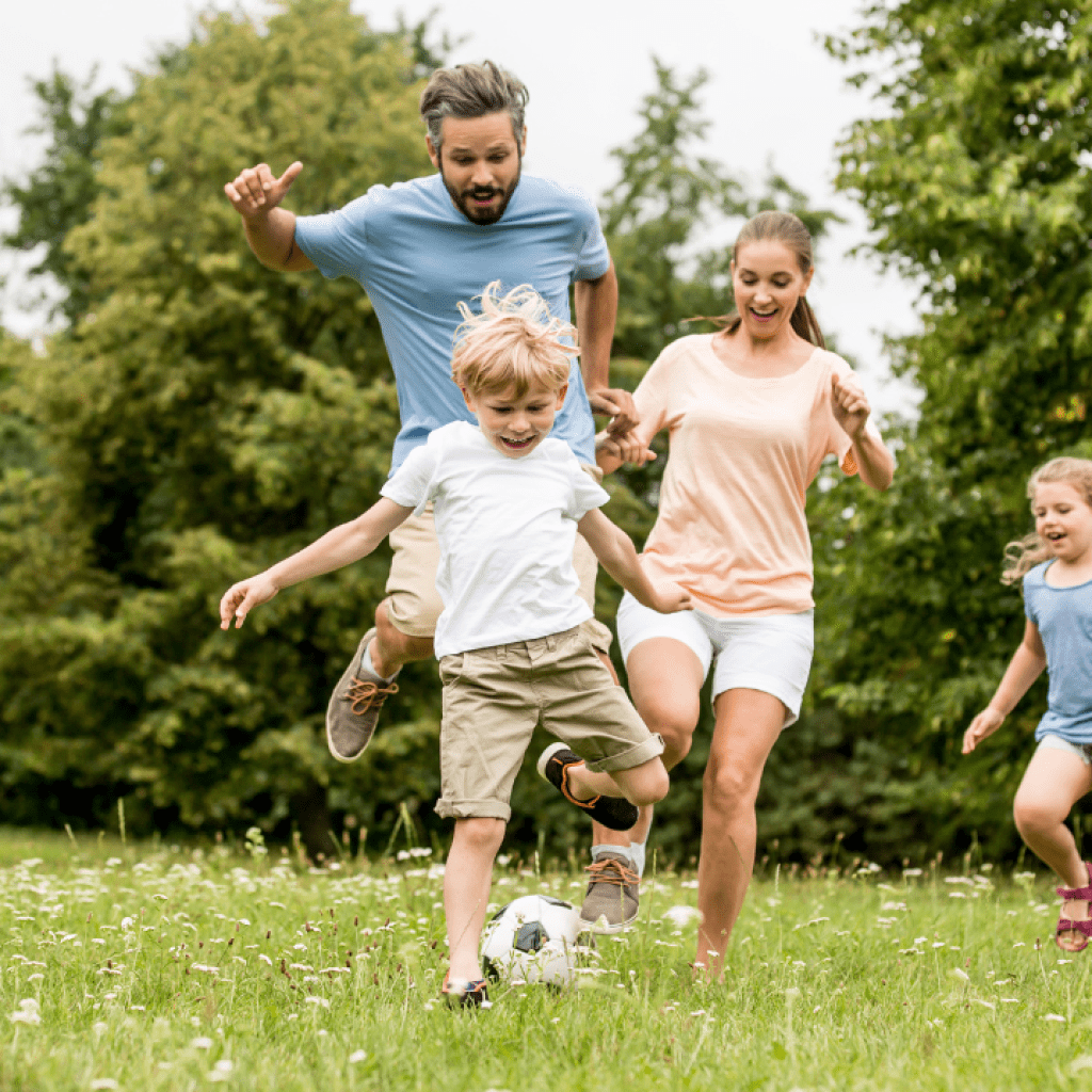 Family fun for stress relief: Outdoor play and indoor Active Play areas offer stress reduction for parents and fun for kids.